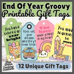 the end of year grooy printable gift tags are shown in three different colors