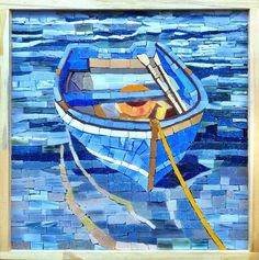 a painting of a blue boat in the water