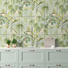 a kitchen with green plants on the wall and blue cupboards in front of it