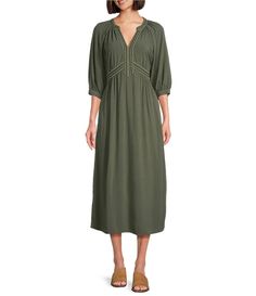 Nurture by Westbound 3/4 Sleeve Embroidered V-Neckline Midi Dress | Dillard's Dillard's, Xl Dress, Midi Length, Elastic Waist, Midi Dress, My Style, Dresses, Clothes