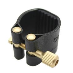 two black and gold colored hose holders with brass fittings on each end, one is holding