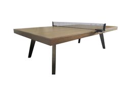 the ping pong table is made from wood and has a net attached to it