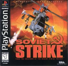 the cover art for sony's sovett strike, which features an image of a helicopter and two fighter jets