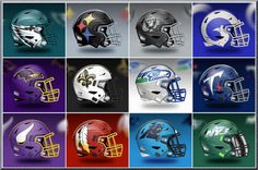 many different helmets are shown in multiple colors