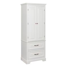 a white armoire with drawers on the front and bottom drawer in the middle, against a white background