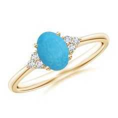 Held in a 14k yellow gold prong setting, the oval turquoise charms every eye. Glimmering trio diamonds flank the vivid blue gemstone and enhance its allure. The lustrous tapered shank adds to the stylish look of this turquoise ring. Turquoise Charm, Turquoise Rings, Blue Gemstones, Turquoise Jewelry, Druzy Ring, 18k Rose Gold, Prong Setting, Turquoise Ring, Gemstone Rings