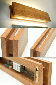 the light is attached to the wooden shelf