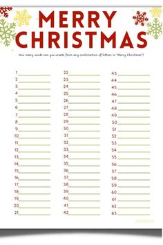 a printable christmas list with the numbers for each item in red, green and yellow