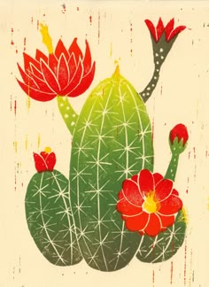 a painting of a cactus with red flowers on it's head and two arms