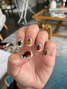 Veggie Nails, Over The Garden Wall Nails, Short Hippie Nails, Funky Gel Nails, Hippie Nails Acrylic, 70’s Nails, Artsy Nails Designs, Nails For Teachers, Funky Summer Outfits