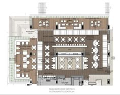 the floor plan for a restaurant with tables, chairs and seating areas on each side