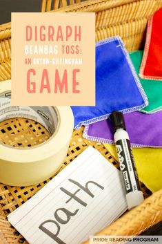 a basket filled with different types of items and text reading diggraph beanbag toss game