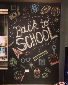 back to school written in chalk on a blackboard with various items around the board