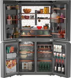 an open refrigerator filled with lots of food and drinks on the inside, including wine bottles