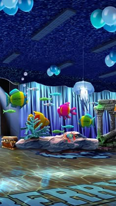 an underwater scene with fish and bubbles floating in the air, under blue lights that are hanging from the ceiling