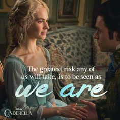 a man and woman sitting next to each other in front of a couch with the caption, we are cinderella