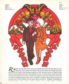 an old advertisement with a man and woman walking in front of a flowered background