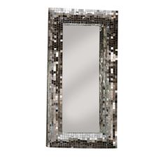 a mirror that is made out of mosaic tiles and has a silver frame on it