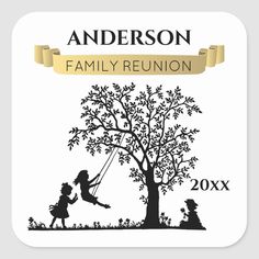 personalized family reunion sticker with a tree and two children swinging on a swing