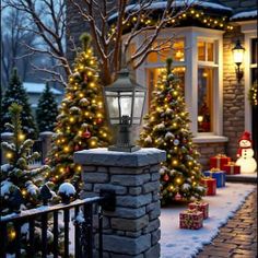 a house decorated for christmas with trees and presents on the front porch in the snow