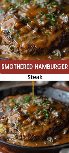 steak covered in gravy and topped with mushrooms is being served in a skillet