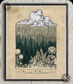 an illustration of rain falling from the sky with grass and flowers in front of it