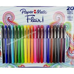 a box of assorted colored paper mate pens with the words paper mate flair on it