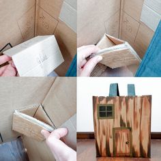 four pictures showing how to make a house out of cardboard and glue on the inside