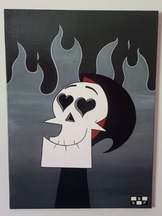 a painting of a skeleton holding a piece of paper with flames coming out of it