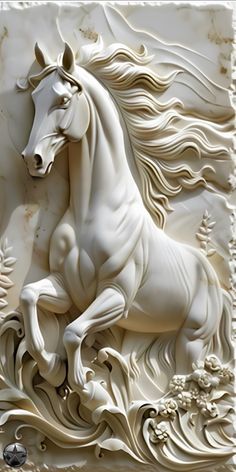 a white horse is depicted in an intricately detailed relief design on a marble wall