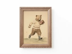 a painting of a bear holding a football in it's right hand and running