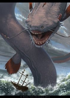 an illustration of a giant shark attacking a ship in the ocean with it's mouth open