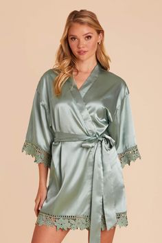 From boho to beach bride, these lace-accented satin robes make absolutely perfect gifts for your squad. Think of how sweet your getting ready photos will look with your bridesmaids in these lacy robes. Best of all, they come in 17 beautiful shades (including a white one for you!), so you can find one that complements your wedding aesthetic. Green Bridesmaid Robes, Bridesmaid Get Ready Outfit, Bridesmaid Robe Personalized, Satin Robes, Bridesmaid Getting Ready, Tuxedo Women, Beach Bride, Green Bridesmaid, Bridesmaids Personalized