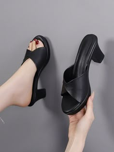 Black High Heel Sandals, Trendy Heels, Black Chunky Heels, Shoes Heels Classy, Elegant Sandals, Pants Women Fashion, Heels Classy, Heel Mules, Girly Shoes