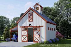 a large white barn with a red and brown trim on the roof is next to a blue truck