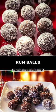 chocolate rum balls on a white plate with the words rum balls in front of them