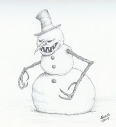 a pencil drawing of a snowman wearing a top hat