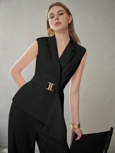 Black Elegant Collar Sleeveless Woven Fabric Plain vest Embellished Non-Stretch  Women Clothing Sleeveless Blazer Outfit, Black Suit Vest, Plain Vest, Sleeveless Blazer, Casual Professional, Lightweight Blazer, Stylish Work Outfits