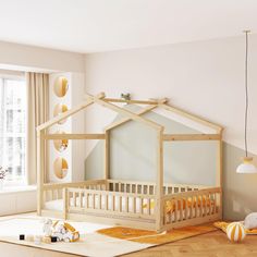 a baby's room with a wooden bed and white walls