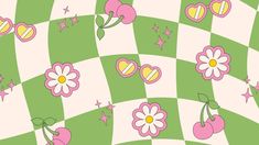 a checkerboard pattern with cherries and flowers on the green, white and pink background