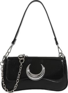 PRICES MAY VARY. Materials: The purse is made of black patent leather which is so soft and durable. Decorated with a big crescent shaped silver metal. Neat Internal: Practical Enough! There are is a big compartment and a internal zipper pocket to fit cell phone, makeups, sunglasses, wallets and other small items. Silver megnet snap closure & durable construction with comfortable removable carrying straps and stylish chain strap. Both leather and chain strap can be switched at any time with the h Dark Disney Illustration, Moon Purse, Cute Small Purse, Goth Purse, Y2k Shoulder Bag, Jean Purse, Small Messenger Bag, Girlie Style, Handbags Fashion