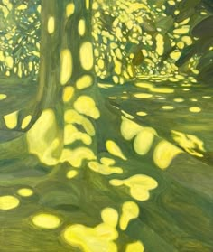 an abstract painting of trees with yellow lights shining on the ground and in the background