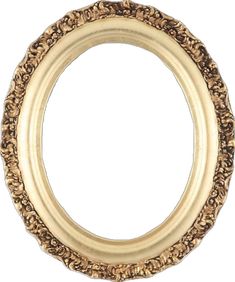 an oval gold frame with ornate designs on the edges and bottom, is isolated against a white background