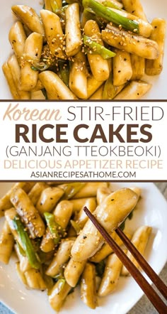 korean stir fried rice cakes with green beans and asparagus on a white plate