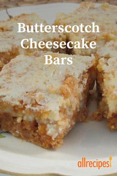 butterscotch cheesecake bars on a plate with the words butterscotch cheesecake bars