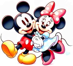 two mickey and minnie mouses hugging each other