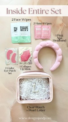 the inside entice set includes two wipes, 2 hand towels and 1 pink headband