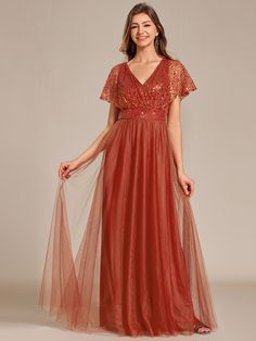 Sparkly Sequin A-Line V-Neck Tulle Formal Evening Dress #color_Burnt Orange Orange Ruffle Dress, Ethereal Elegance, Tulle Maxi Dress, Tulle Evening Dress, Formal Evening Dress, Ever Pretty, Floor Length Gown, Tulle Fabric, Formal Evening Dresses