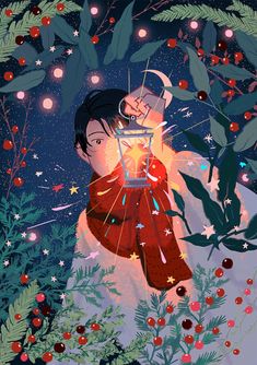 an illustration of a man holding a lantern in the woods at night with stars and berries all around him