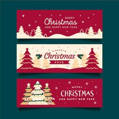 three merry christmas banners with trees and snowflakes on the top, in red and white